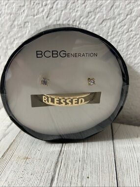 BCBGeneration Gold 'BLESSED' Cuff Bracelet with Clear Crystal Studs